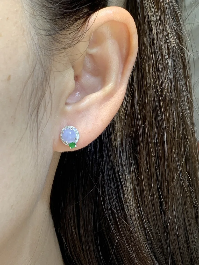 Icy Lavender Natural Jadeite Cabochon Stud Earrings — S925 Silver · No. 9299 (photo 5)