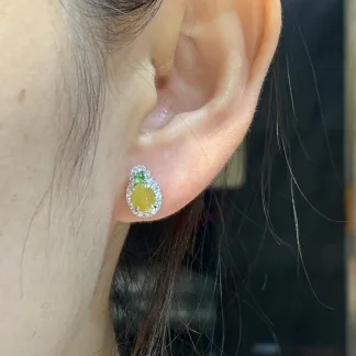 High-Icy Honey Yellow Natural Jadeite Cabochon Stud Earrings — S925 Silver · No. 8429