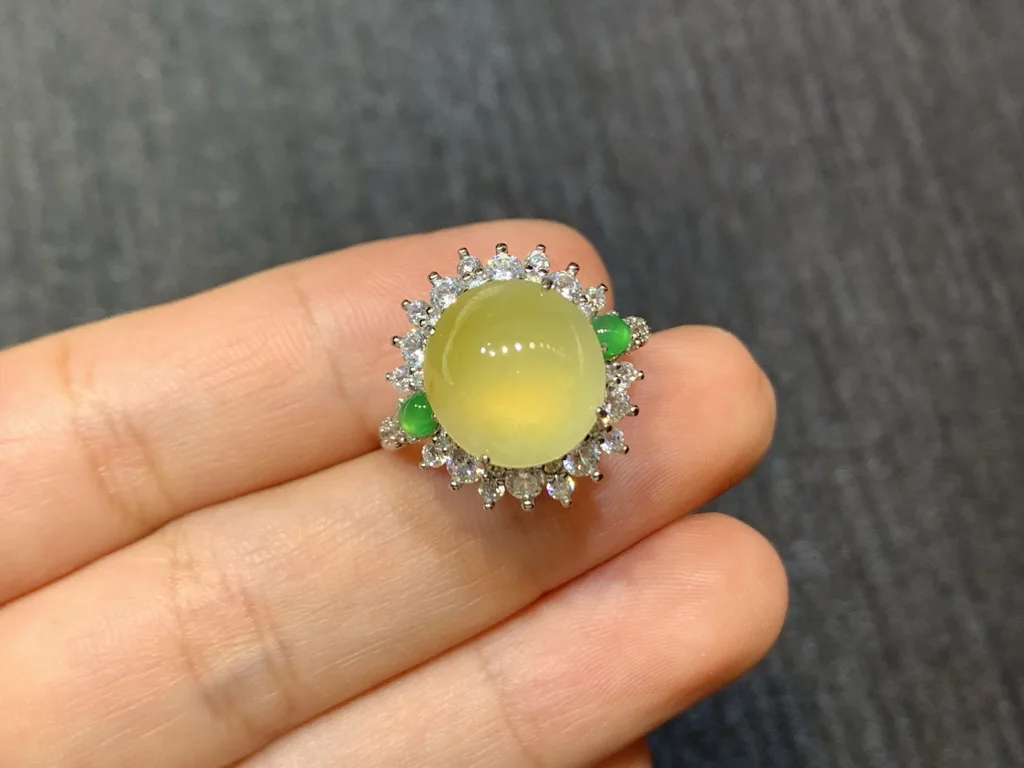 High-Icy Honey Yellow Natural Jadeite Cabochon Ring — S925 Silver · No. 9506 (photo 2)