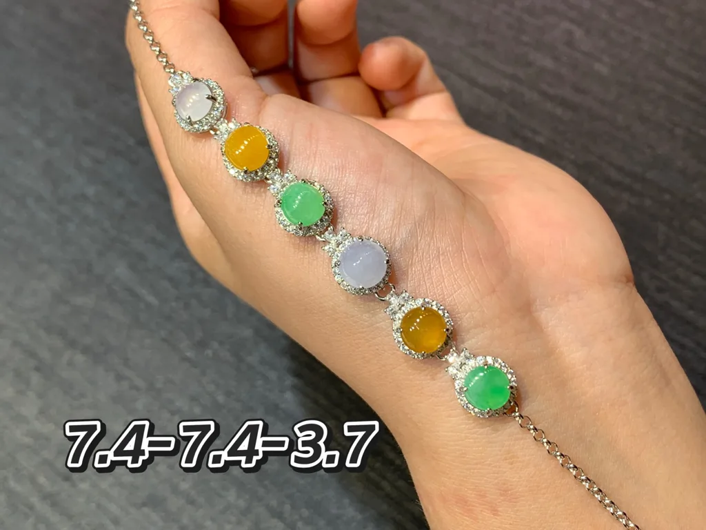 High-Icy Multicolor Natural Jadeite Cabochon Bracelet — S925 Silver · No. 42B9 (photo 1)
