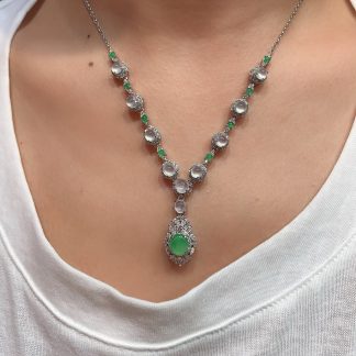High-Icy Glowing White-and-Green Cabochon Necklace — S925 Silver