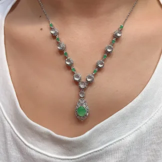 High-Icy Glowing White-and-Green Natural Jadeite Cabochon Necklace — S925 Silver · No. 2622