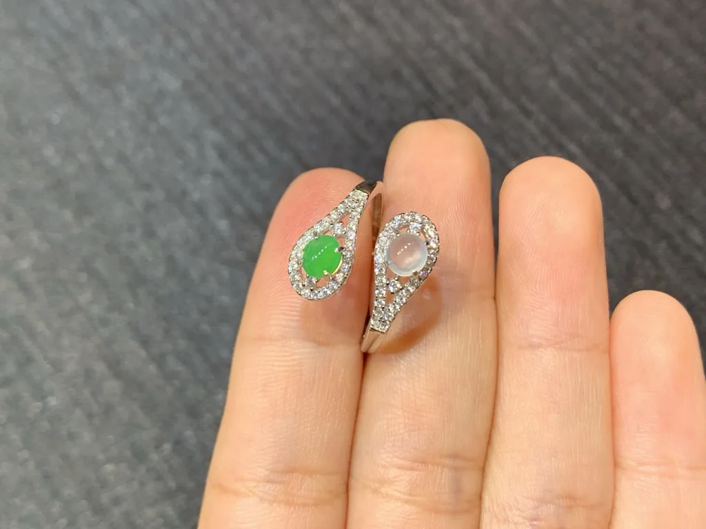 High-Icy White and Green Natural Jadeite Cabochon Ring — S925 Silver · No. 93B5 (photo 3)