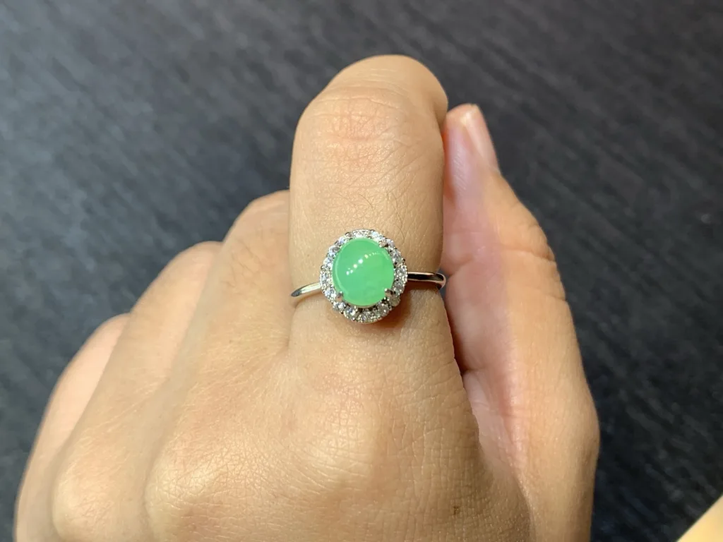 Icy Soft Vivid Green Natural Jadeite Cabochon Ring — S925 Silver · No. AF33 (photo 5)