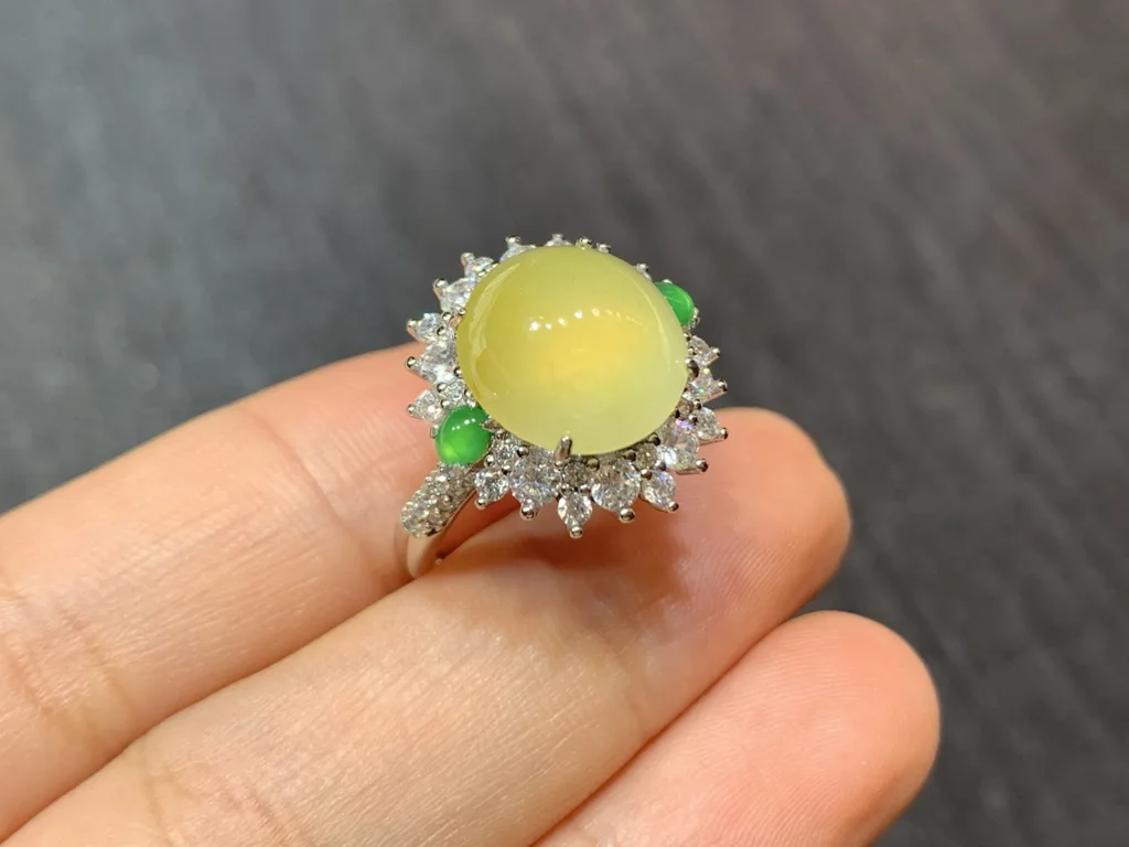 High-Icy Honey Yellow Natural Jadeite Cabochon Ring — S925 Silver · No. 9506 (photo 4)