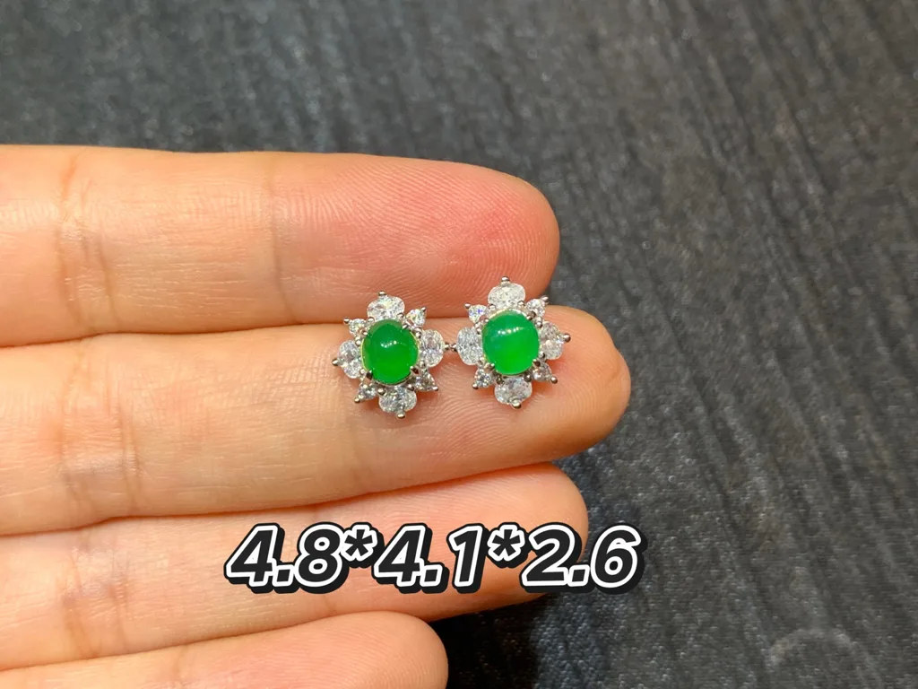 High-Icy Vivid Green Natural Jadeite Cabochon Stud Earrings — S925 Silver · No. 98F2 (photo 1)