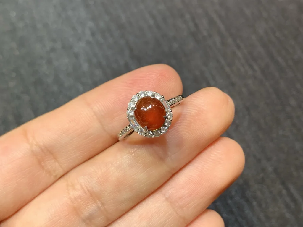 Icy Russet Red Natural Jadeite Cabochon Ring — S925 Silver · No. 5F4D (photo 2)