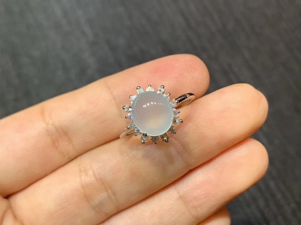 High-Icy Glowing Natural Jadeite Cabochon Ring — S925 Silver · No. 3BAA (photo 2)