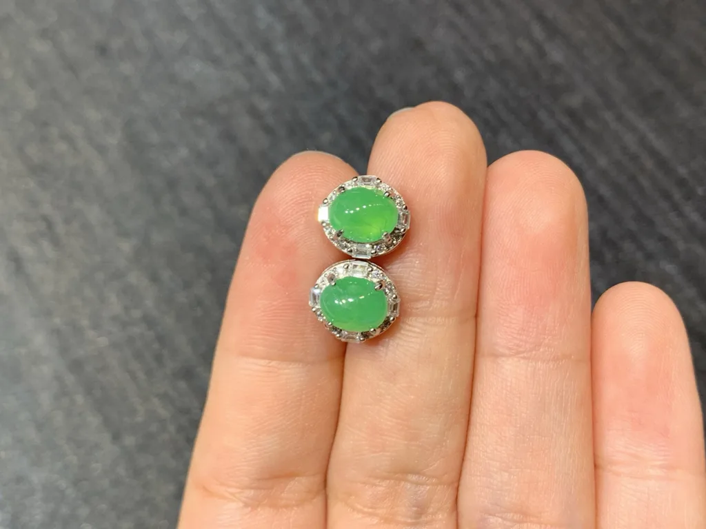 Icy Glowing Green Natural Jadeite Cabochon Stud Earrings — S925 Silver · No. 9FB8 (photo 3)