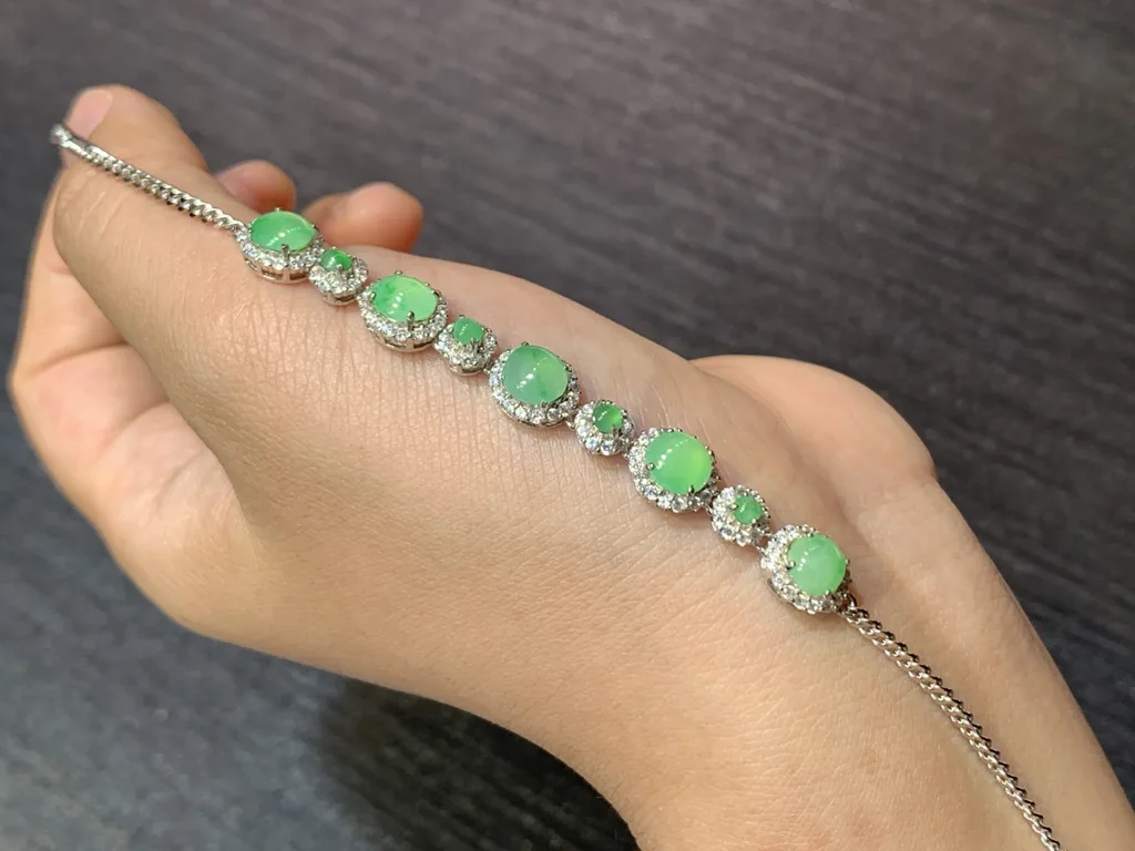 High-Icy Clear Green Natural Jadeite Cabochon Bracelet — S925 Silver · No. C49F (photo 2)