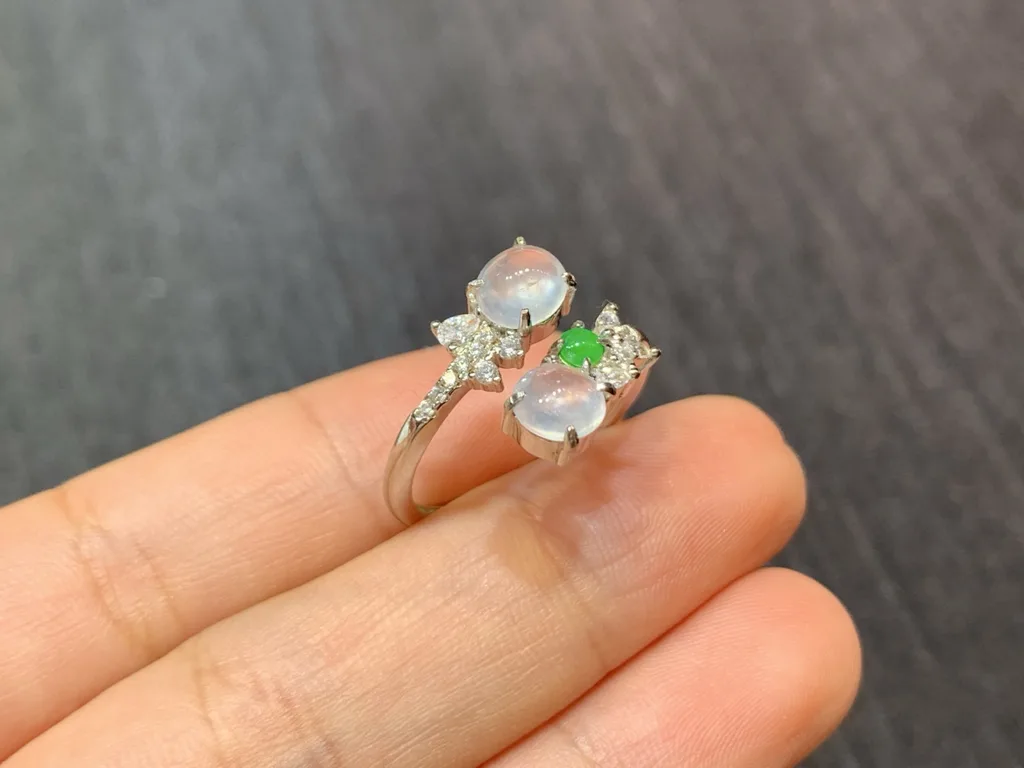 High-Icy Glowing Natural Jadeite Twin Cabochon Ring — S925 Silver · No. 900E (photo 4)