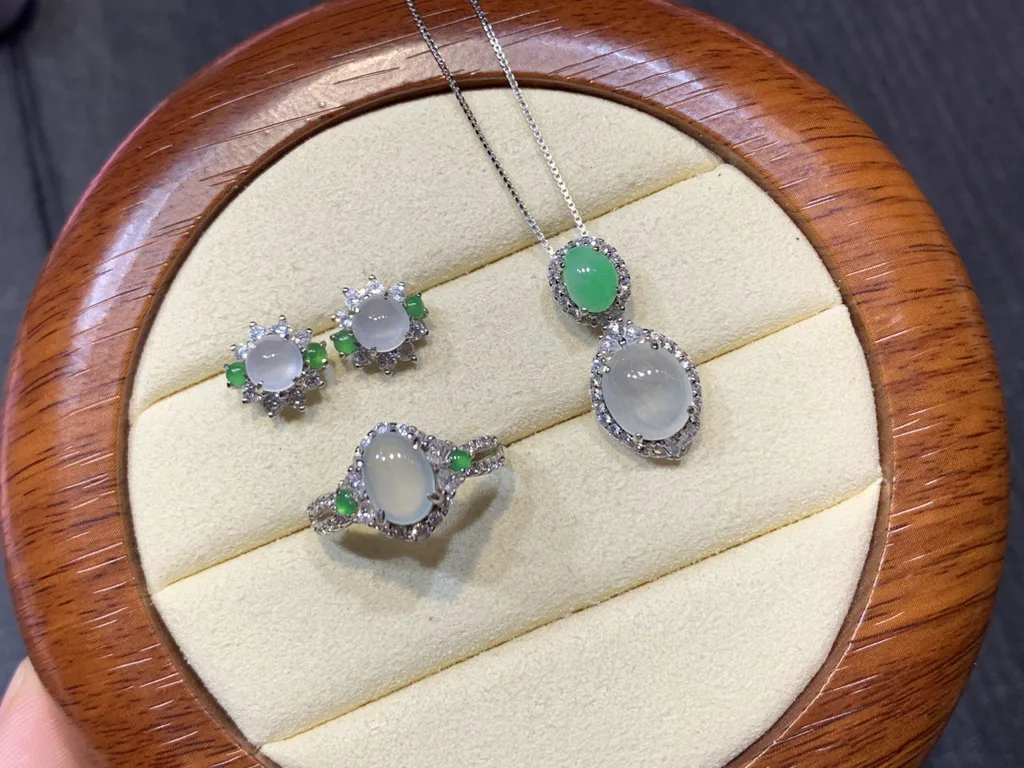High-Icy Glowing Cabochon Natural Jadeite Three-Piece Cabochon Set — S925 Silver · No. D3DF (photo 2)