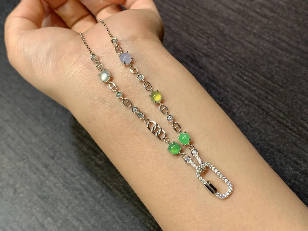 High-Icy Multicolor Natural Jadeite Convertible Cabochon Chain — S925 Silver · No. 99F7 (photo 2)