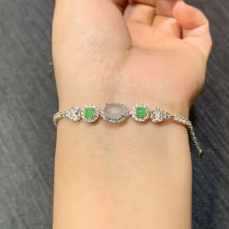 High-Icy Glowing Natural Jadeite Cabochon Bracelet — S925 Silver · No. E323