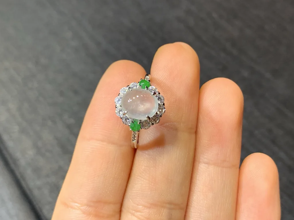 High-Icy Glowing Natural Jadeite Cabochon Ring — S925 Silver · No. 3AE2 (photo 3)