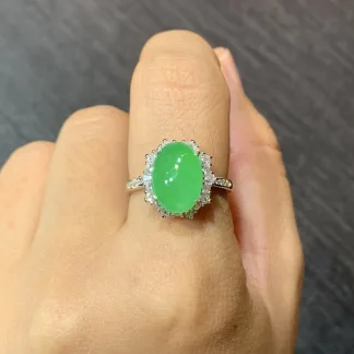 Icy Vivid Green Natural Jadeite Cabochon Ring — S925 Silver · No. 9594 (photo 5)