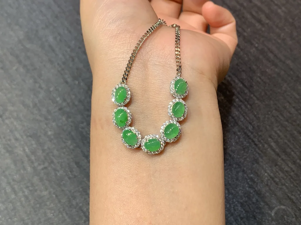 Icy Vivid Green Natural Jadeite Cabochon Bracelet — S925 Silver · No. 0C61 (photo 3)