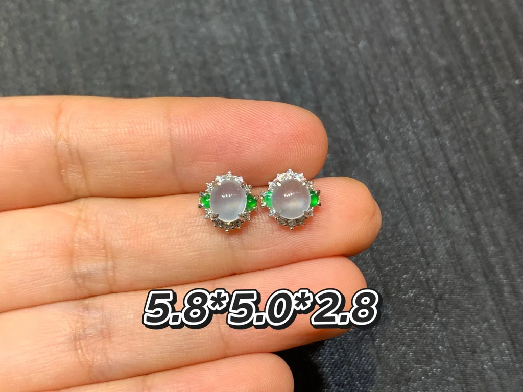 High-Icy Glowing Natural Jadeite Cabochon Stud Earrings — S925 Silver · No. 2507 (photo 1)