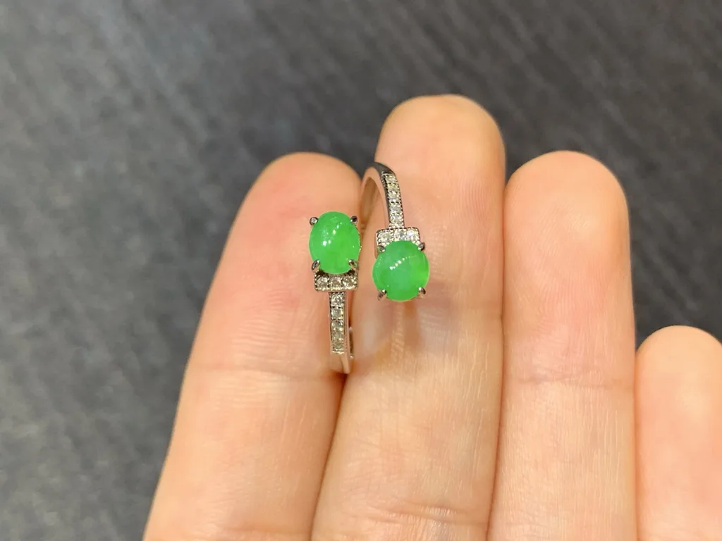 Icy Vivid Green Natural Jadeite Twin Cabochon Ring — S925 Silver · No. 46F3 (photo 3)