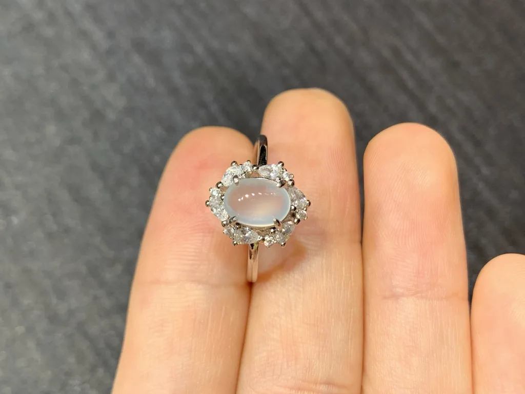 High-Icy Glowing Natural Jadeite Cabochon Ring — S925 Silver · No. E02F (photo 3)
