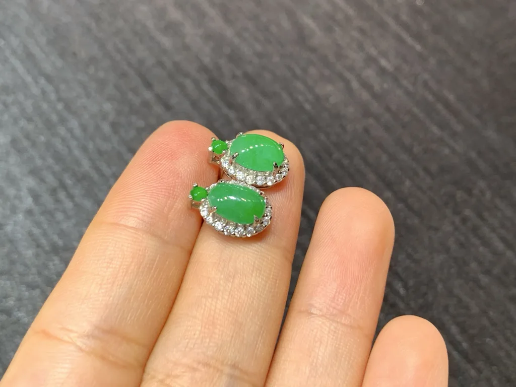 Icy Vivid Green Natural Jadeite Cabochon Stud Earrings — S925 Silver · No. 5A5A (photo 4)