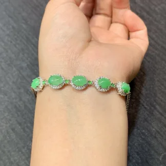 Icy Vivid-Green Natural Jadeite Cabochon Bracelet — S925 Silver · No. 88B2