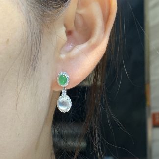High-Icy Steel-Clear White-and-Green Cabochon Drop Earrings — S925 Silver