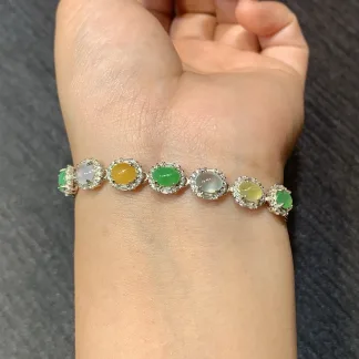 High-Icy Multicolor Natural Jadeite Cabochon Bracelet — S925 Silver · No. 325D