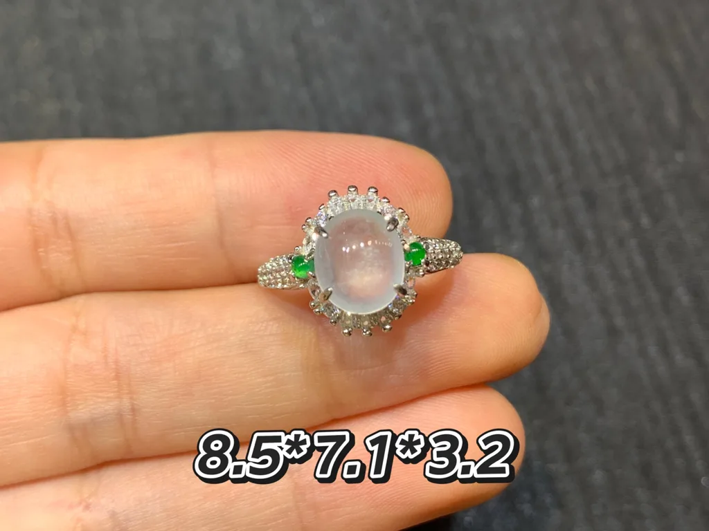 High-Icy Glowing Natural Jadeite Cabochon Ring — S925 Silver · No. A8B5 (photo 1)