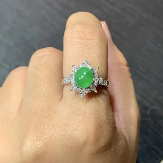 Icy Vivid Green Natural Jadeite Cabochon Ring — S925 Silver · No. 20A6 (photo 5)