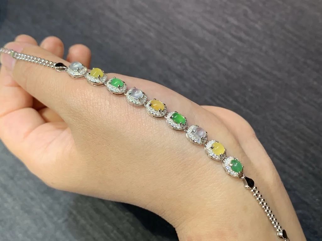 High-Icy Multicolor Natural Jadeite Cabochon Bracelet — S925 Silver · No. D8A4 (photo 2)