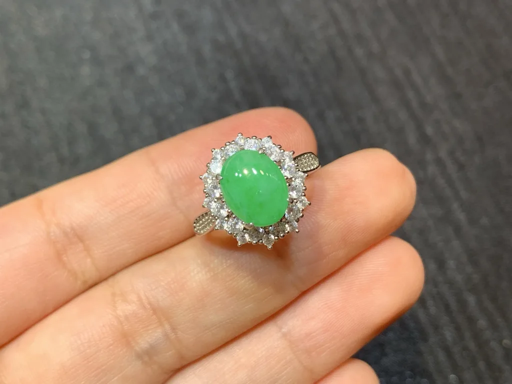 Icy Vivid Green Natural Jadeite Cabochon Ring — S925 Silver · No. D006 (photo 2)