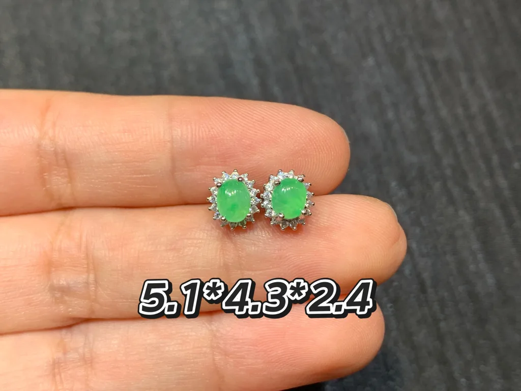 Icy Soft Green Natural Jadeite Cabochon Stud Earrings — S925 Silver · No. B103 (photo 1)