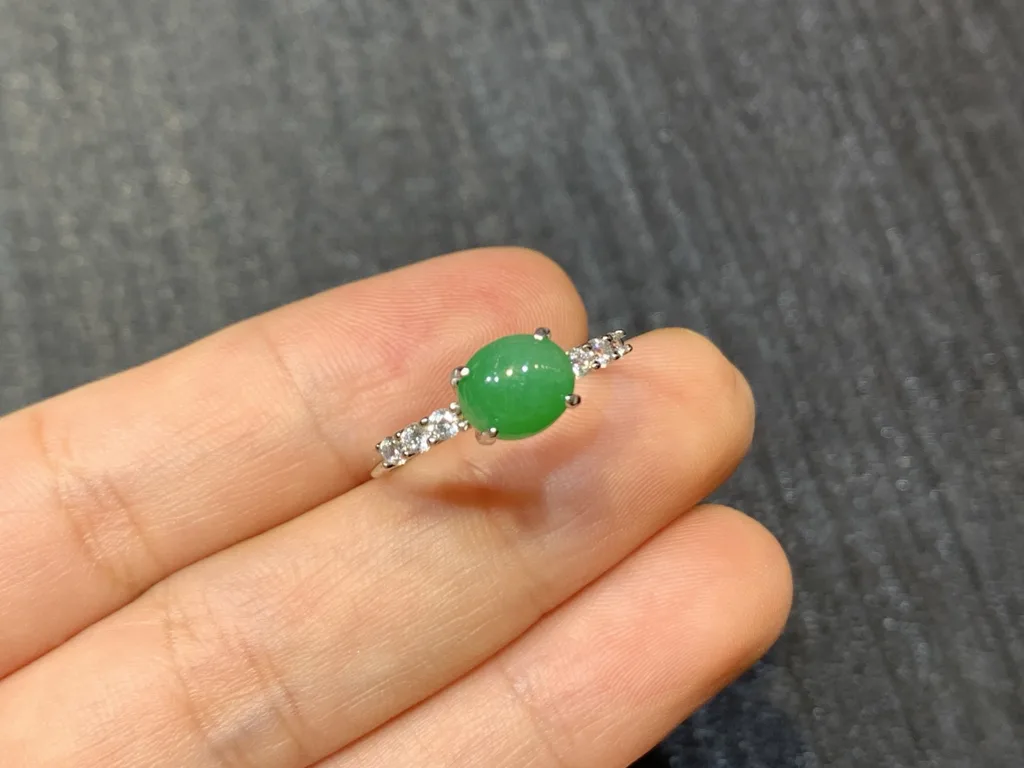 Vivid Green Natural Jadeite Cabochon Ring — S925 Silver · No. 4112 (photo 2)