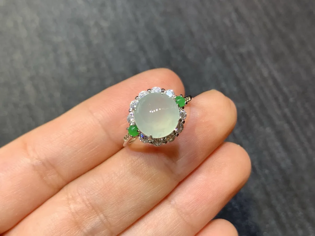 High-Icy Glowing Clear Natural Jadeite Cabochon Ring — S925 Silver · No. FDBF (photo 2)