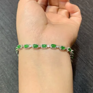 High-Icy Intense Vivid Green Natural Jadeite Cabochon Bracelet — S925 Silver · No. 5F17