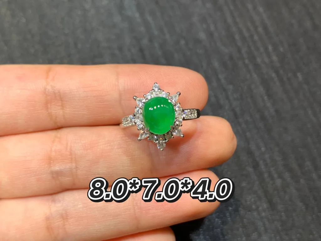Icy Vivid Green Natural Jadeite Cabochon Ring — S925 Silver · No. 20A6 (photo 1)
