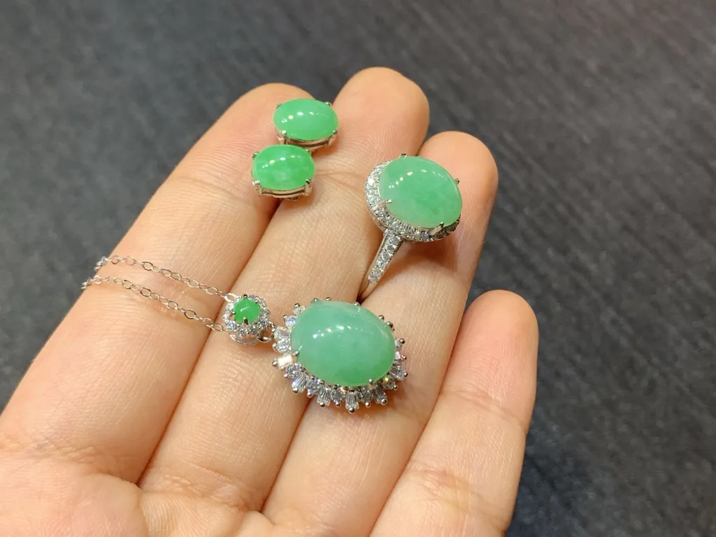 Full Green Natural Jadeite Cabochon Set — S925 Silver · No. 92B5 (photo 3)