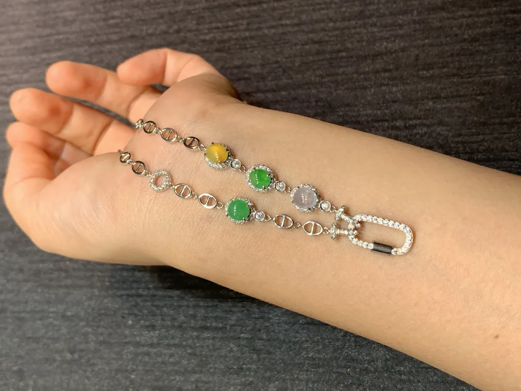 High-Icy Multicolor Natural Jadeite Convertible Cabochon Chain — S925 Silver · No. C53B (photo 3)