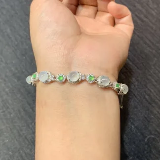 High-Icy Glowing Natural Jadeite Cabochon Bracelet — S925 Silver · No. E5B2 (photo 4)