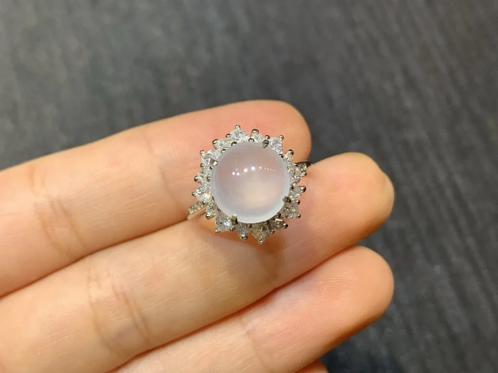 High-Icy Glowing Natural Jadeite Cabochon Ring — S925 Silver · No. 9D14 (photo 2)