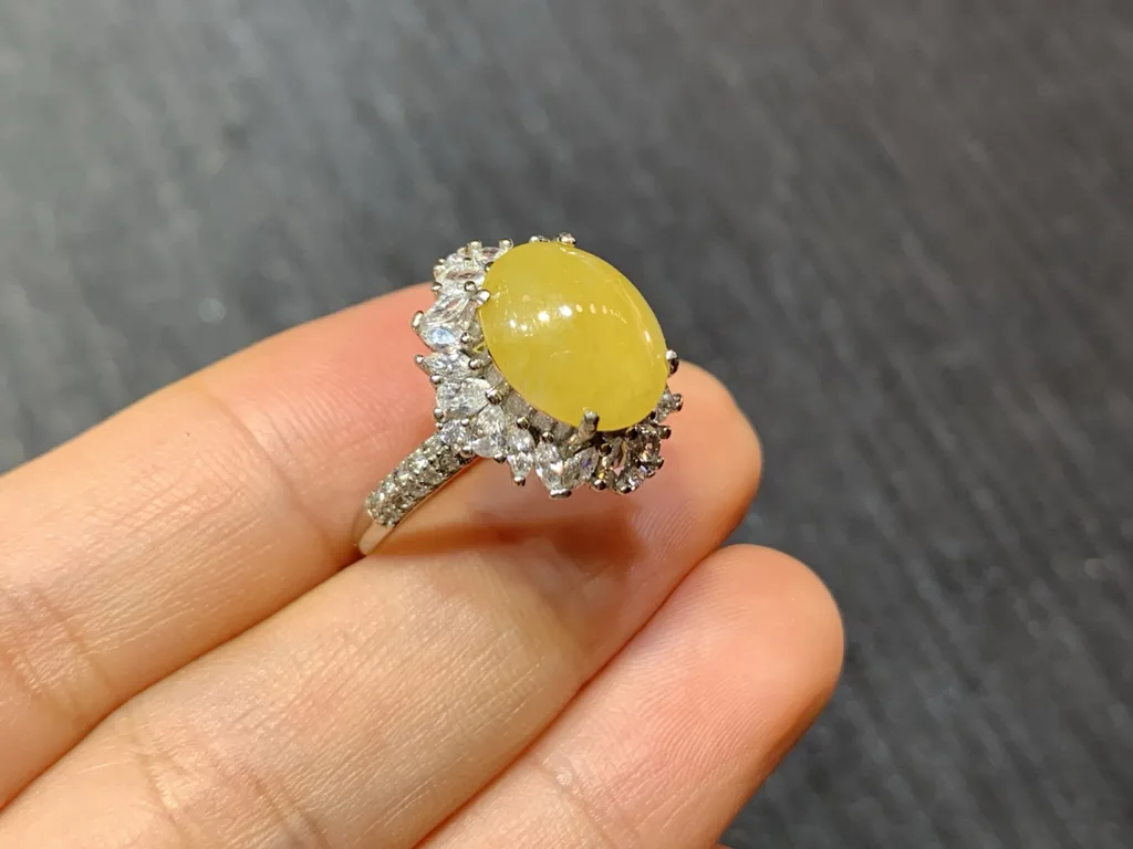 Icy Honey Yellow Natural Jadeite Cabochon Ring — S925 Silver · No. 2BAA (photo 4)