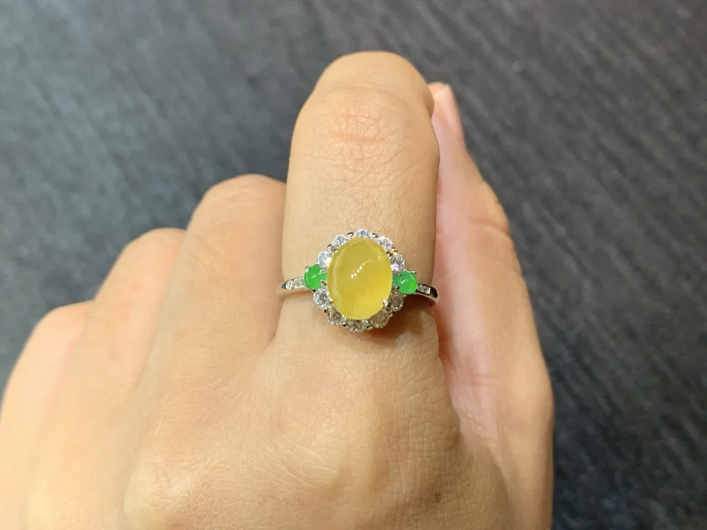 High-Icy Honey Yellow Natural Jadeite Cabochon Ring — S925 Silver · No. BCC8 (photo 5)