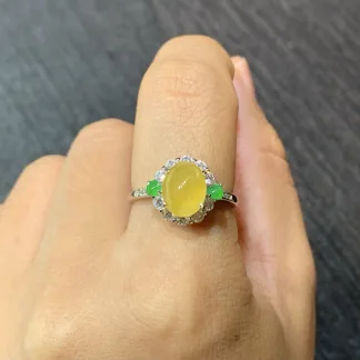 High-Icy Honey Yellow Natural Jadeite Cabochon Ring — S925 Silver · No. BCC8 (photo 5)