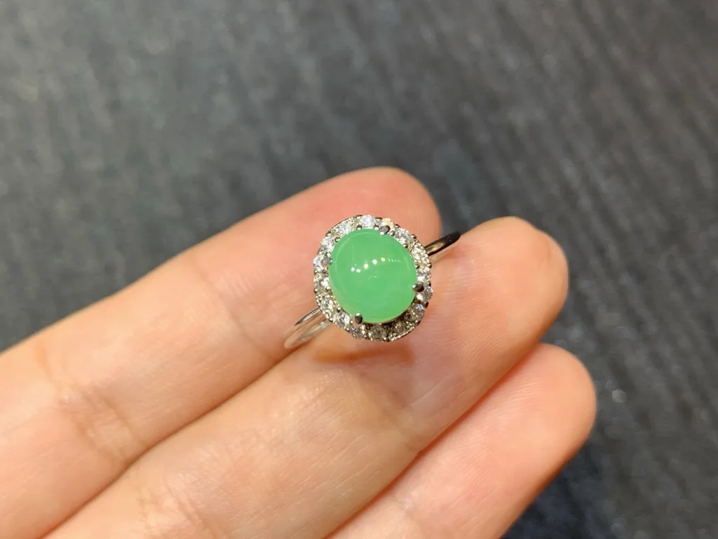 Icy Soft Vivid Green Natural Jadeite Cabochon Ring — S925 Silver · No. AF33 (photo 2)