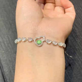High-Icy White-and-Green Natural Jadeite Cabochon Bracelet — S925 Silver · No. 6DD2