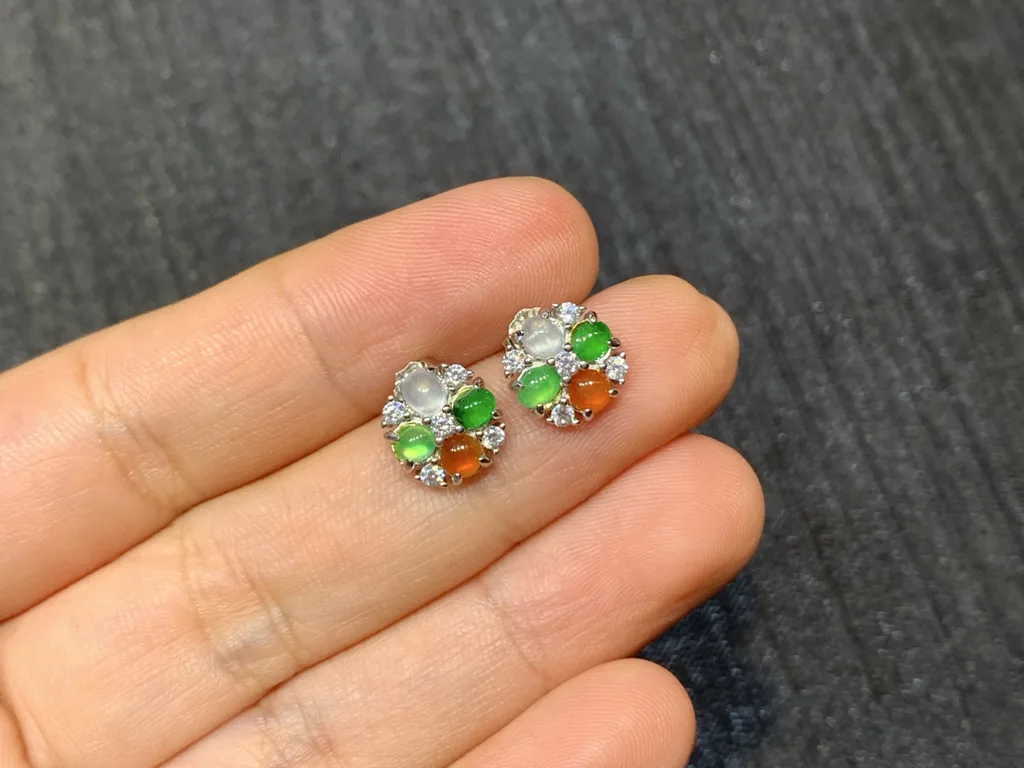 High-Icy Multicolor Natural Jadeite Cabochon Stud Earrings — S925 Silver · No. 4A65 (photo 2)