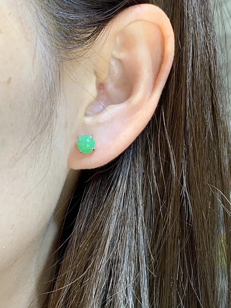 Icy Vivid Green Natural Jadeite Cabochon Stud Earrings — S925 Silver · No. 0D97 (photo 5)