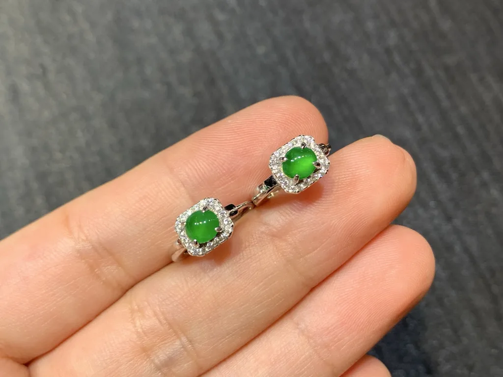 High-Icy Intense Vivid Green Natural Jadeite Cabochon Huggie Earrings — S925 Silver · No. D697 (photo 2)