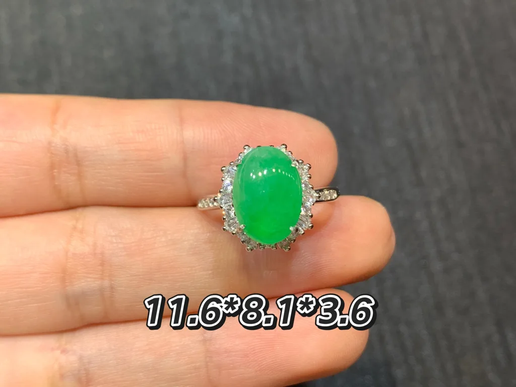 Icy Vivid Green Natural Jadeite Cabochon Ring — S925 Silver · No. 9594 (photo 1)